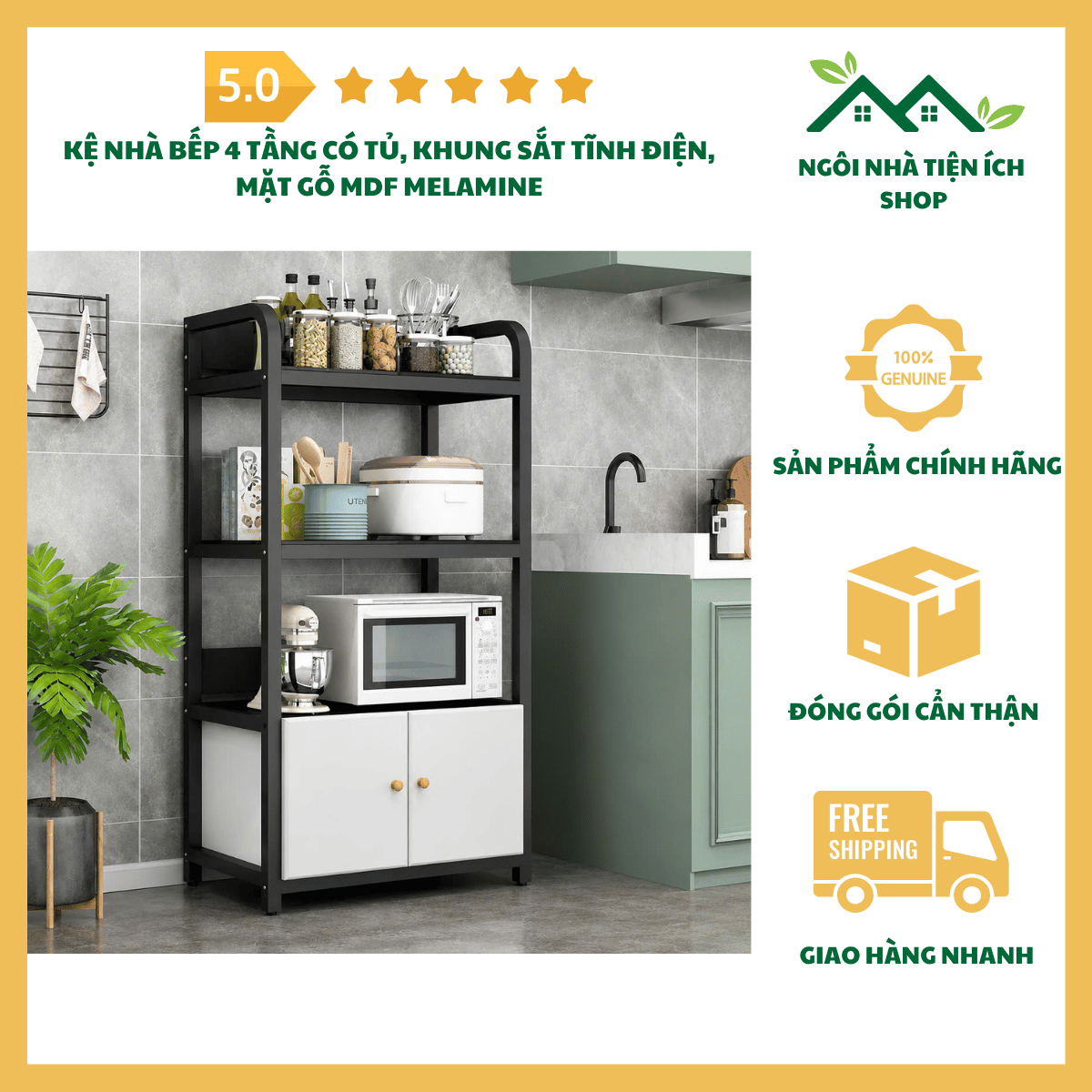 ngoinhatienich1 Kệ Nhà Bếp 4 Tầng Có Tủ khung sắt tĩnh điện mặt gỗ MDF phủ Melamine đa năng